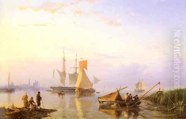 Shipping in a Calm, Amsterdam Oil Painting by Hermanus Jr. Koekkoek