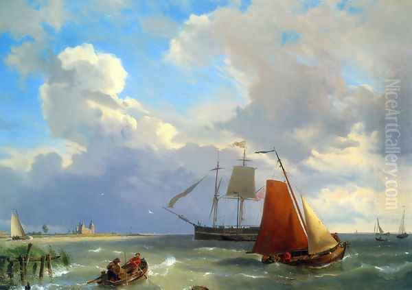 Shipping in a Choppy Estuary Oil Painting by Johannes Hermanus Koekkoek Snr