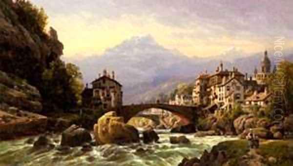 An Alpine Village Oil Painting by Charles Euphraisie Kuwasseg