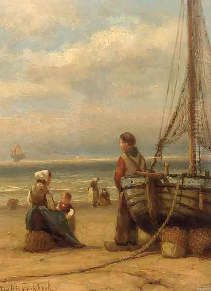 Fisherfolk on the beach Oil Painting by Johannes Hermanus Koekkoek