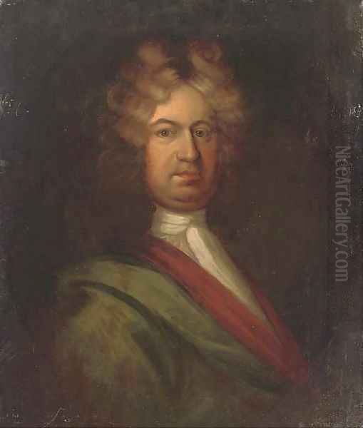 Portrait of a gentleman, bust-length, in a green coat and white necktie Oil Painting by Sir Godfrey Kneller