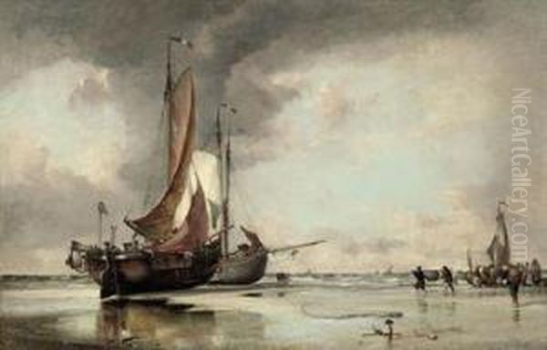 Dutch Pincks Beached On The 
Shore At Scheveningen With Fishermen Unloading The Day's Catch Oil Painting by Edward William Cooke