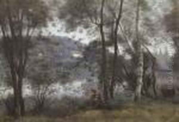 Ville D'avray. L'etang Vu A 
Travers Le Feuillage (une Vachere Assise Au Bord De L'eau Sous Les 
Arbres) Oil Painting by Jean-Baptiste-Camille Corot