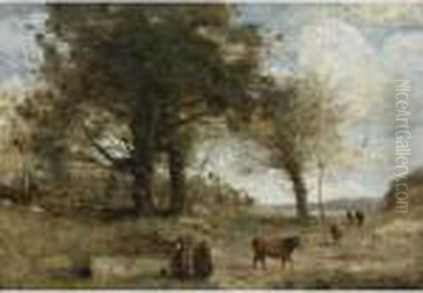 Les Vacheres A La Fontaine Oil Painting by Jean-Baptiste-Camille Corot