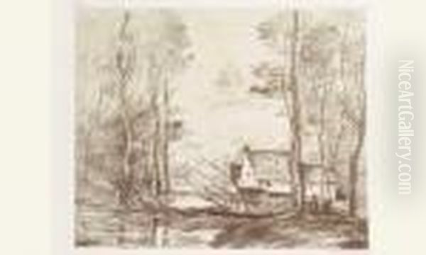 Le Moulin De Cuincy, Pres Douai. 1871. Autographie. Oil Painting by Jean-Baptiste-Camille Corot