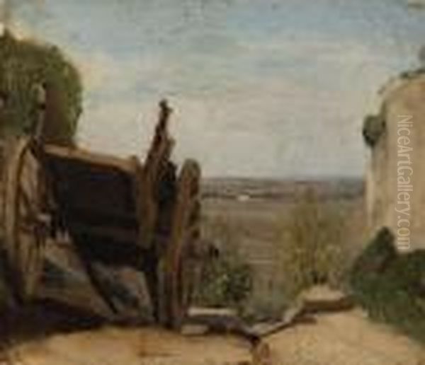 La Charrette 
Oil On Paper Laid Down On Canvas Oil Painting by Jean-Baptiste-Camille Corot