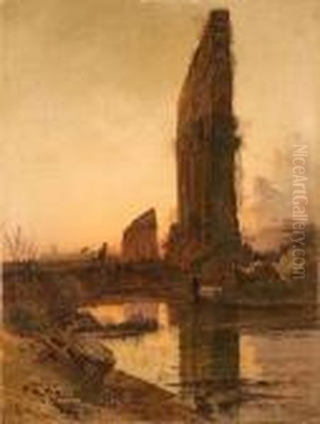 Mandria Di Bufali Presso Antico Acquedotto Con Roma Inlontananza Oil Painting by Hermann David Solomon Corrodi
