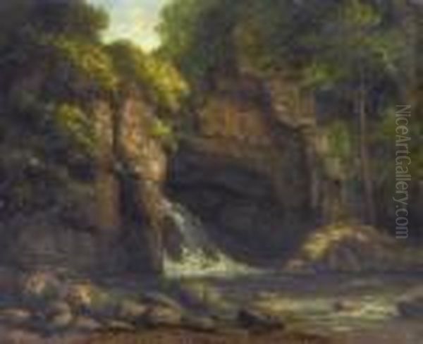 Forest Landscape With Waterfall Oil Painting by Gustave Courbet