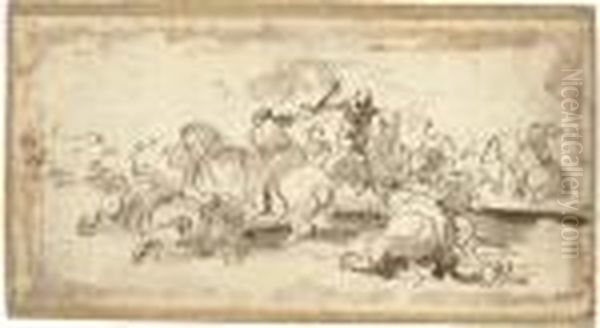 A Cavalry Skirmish Oil Painting by Jacques Courtois Le Bourguignon