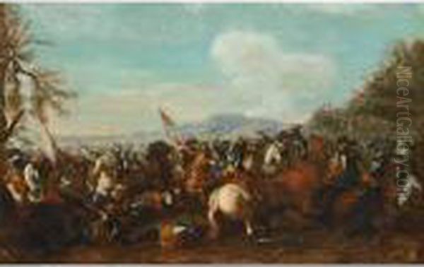 A Cavalry Battle Scene Oil Painting by Jacques Courtois Le Bourguignon