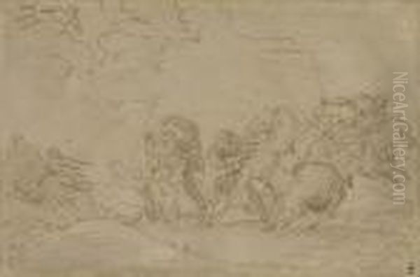 A Cavalry Skirmish Oil Painting by Jacques Courtois Le Bourguignon