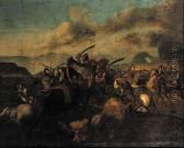 A Cavalry Skirmish Oil Painting by Jacques Courtois Le Bourguignon