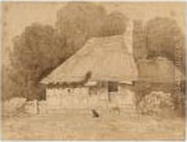 A Woman With Chickens Outside 
Stone Cottages, Near Dolbenmaen, Wales; A Dog By A Thatched Cottage Oil Painting by David I Cox
