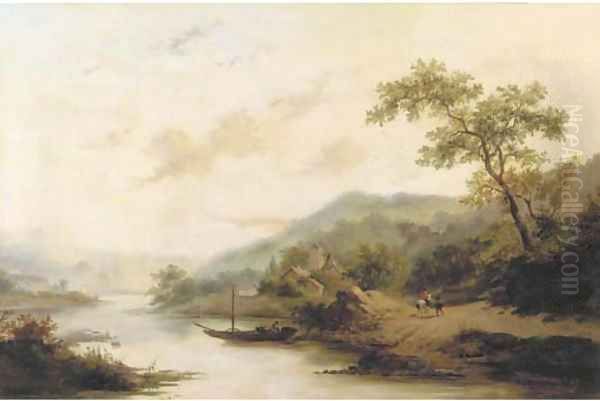Ferry crossing in a hilly landscape Oil Painting by Frederik Marianus Kruseman