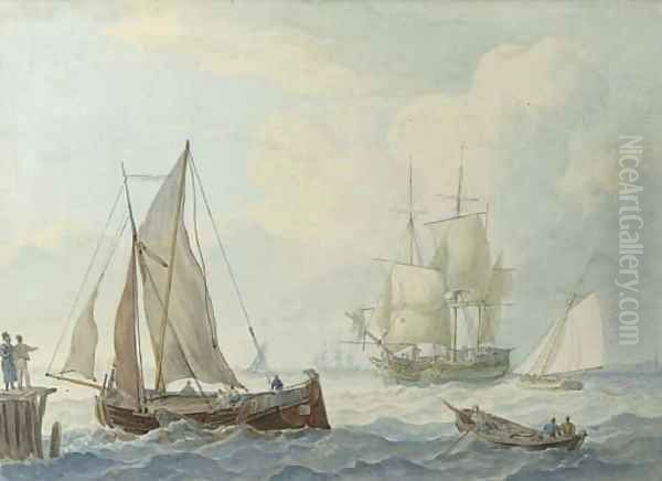 Threemasters and other sailing vessels in a light breeze, a landing stage in the foreground, a village beyond Oil Painting by Johannes Hermanus Koekkoek