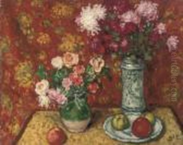 Pommes Et Vase De Fleurs Oil Painting by Georges dEspagnat