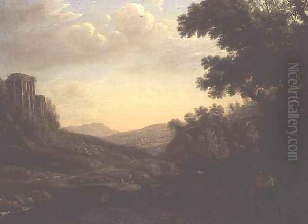 Extensive Wooded Landscape with Ruined Temple Oil Painting by Claude Lorrain (Gellee)