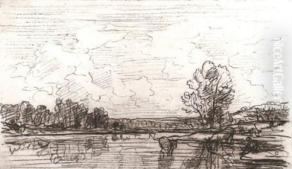 Au Bord De La Riviere, Environ De Bezons Oil Painting by Charles-Francois Daubigny