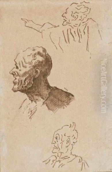 Etude De Trois Tetes D'homme, L'un Montrant Du Doigt Oil Painting by Honore Daumier