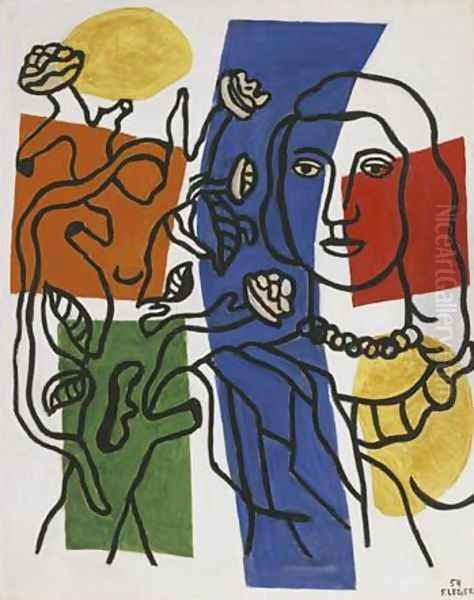 Girl with Plant Oil Painting by Fernand Leger