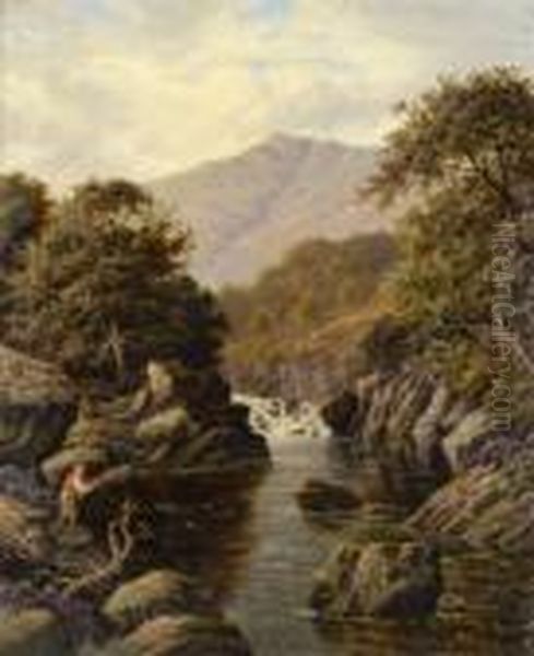 Fiskande Pojke Vid Bergsback, Motiv Fran Wales Oil Painting by Alfred de Breanski