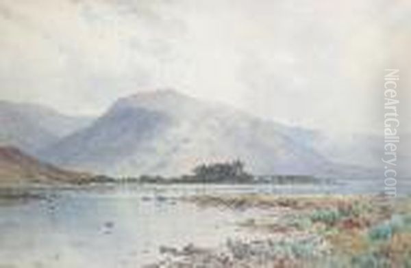 View Of A Loch With A Castle On Apromontory Oil Painting by Alfred de Breanski