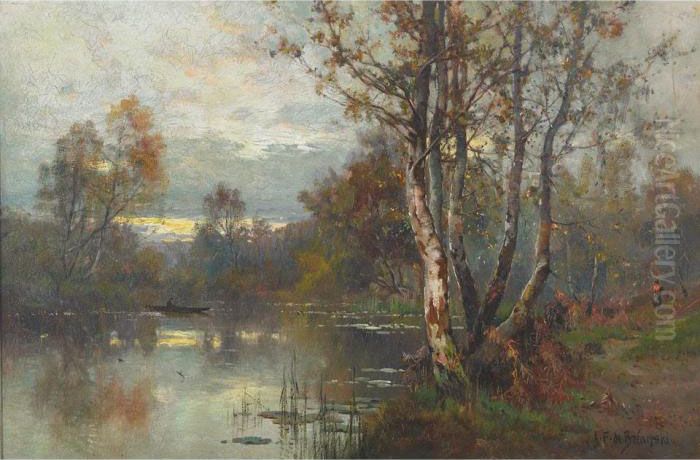A Quiet River View With Boatman And Figure On Shore Oil Painting by Alfred Fontville De Breanski