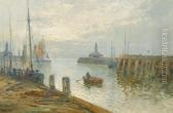 Early Morning Lowestoft Harbour Looking East Oil Painting by Alfred Fontville De Breanski