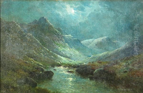 Moonlight On The Ogwen Moors, Northwales Oil Painting by Alfred Fontville De Breanski