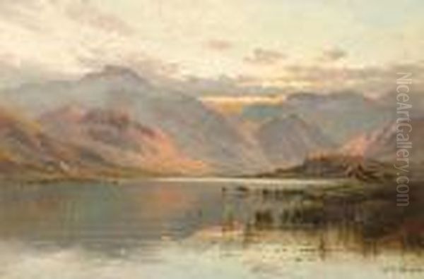 Scottish Loch And Mountain Landscape Withcattle Oil Painting by Alfred Fontville De Breanski