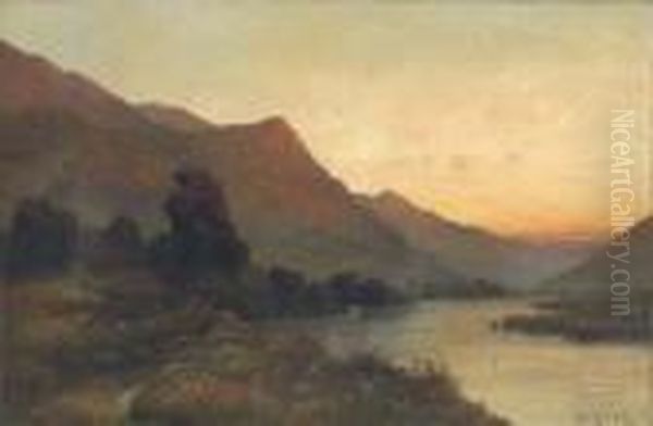 A Loch Landscape At Dusk Oil Painting by Alfred Fontville De Breanski