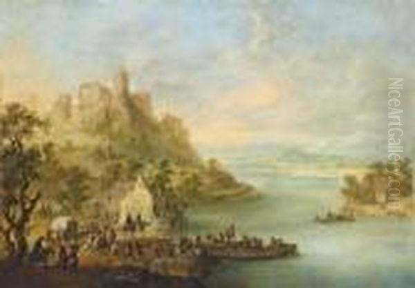An Extensive River Landscape 
With Figures At A Ferry, A Hilltop Fortress And A Mountain Range Beyond Oil Painting by Franz Ferg