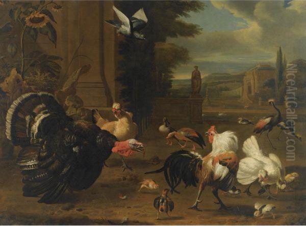 A Palace Garden With Exotic Birds And Farmyard Fowl Oil Painting by Melchior de Hondecoeter