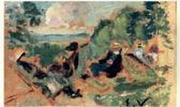Les Transats, Vers 1927 Oil Painting by Emmanuel De La Villeon