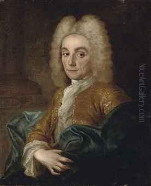 Portrait Of A Gentleman, Half-length, In A Gold Embroidered Jacketand Blue Wrap Oil Painting by Nicolas de Largillierre