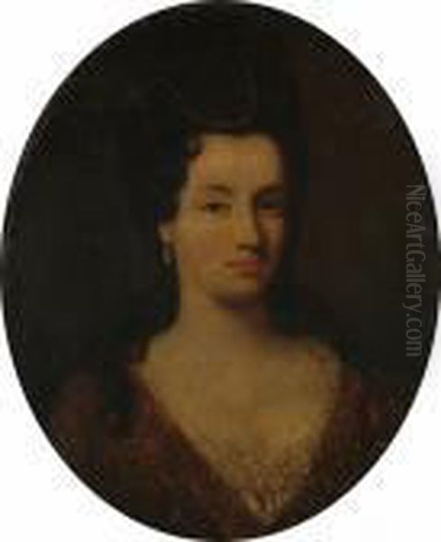 Portrait Of A Lady Bust Length, 
Wearing A Russet Dress Embroidered With Gold, With Jewels In Her Hair Oil Painting by Nicolas de Largillierre