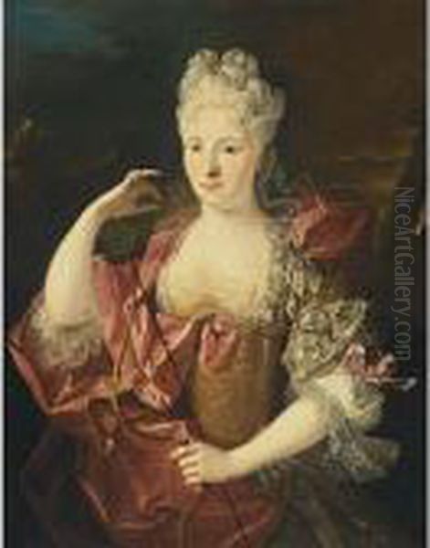 A Portrait Of A Lady As Diana, 
Half Length, Wearing A Pink Silk Dress With Lace Cuffs And An 
Embroidered Bodice, Holding A Bow In Her Left Hand Oil Painting by Nicolas de Largillierre