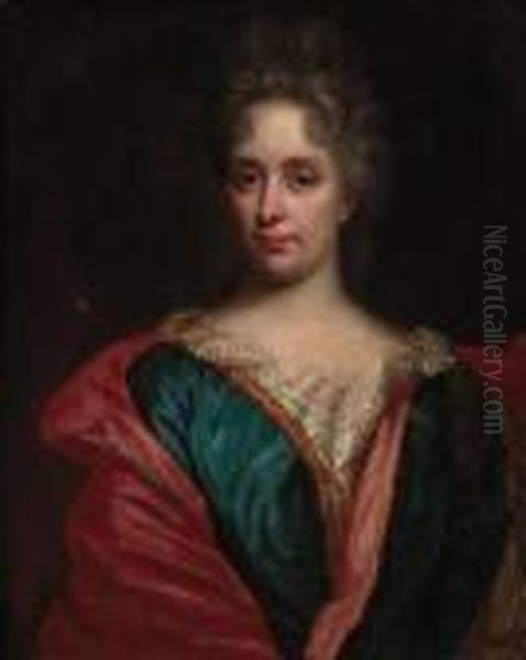 Portrait Of Jean-jacques De 
Rudder, Half-length In A Crimson Wrapand A Lace Jabot; And Portrait Of 
Marie De Rudder, Nee Deryckewaert, Half-length, In A Blue Dress With A 
Crimson Wrap Oil Painting by Nicolas de Largillierre
