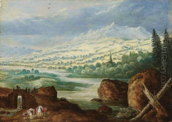 Weite Flusslandschaft Mit Packpferden Oil Painting by Joos De Momper