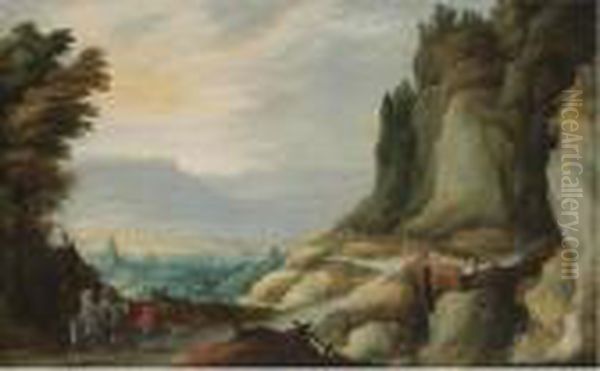 An Extensive Rocky Landscape With Travellers On A Path In The Foreground Oil Painting by Joos De Momper