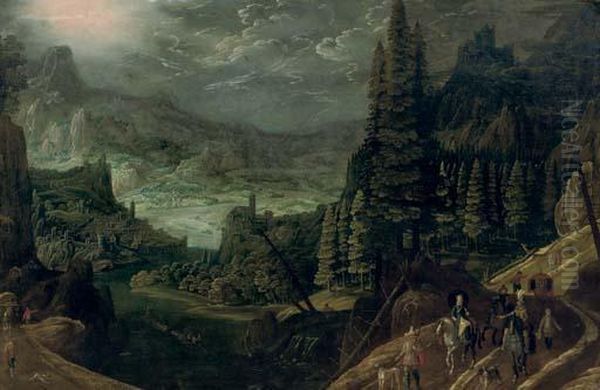 An Extensive Wooded Landscape With Travellers On A Path Oil Painting by Joos De Momper