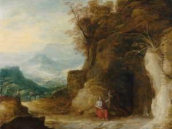Johannes Der Taufer Vor Einer 
Grotte. Im Hintergrund Berglandschaft. Die Figur Johannes Des Taufers 
Wohl Von Einer Anderen Hand. Ol Auf Holz. H 47,5; B 61,5 Cm. Verso Die 
Brandmarke Der Stadt Antwerpen Und Die Marke Des Herstellers Der 
Holztafel.  Oil Painting by Joos De Momper