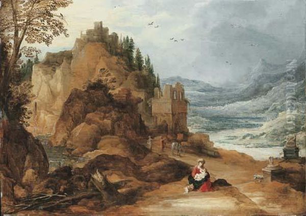 A Mountainous River Landscape With The Rest On The Flight Intoegypt Oil Painting by Joos De Momper