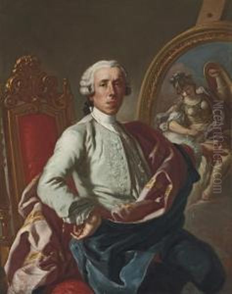 Portrait Of The Artist, 
Three-quarter-length, Seated, Holding A Pencil, At An Easel With A 
Picture Of Minerva Oil Painting by Francesco de Mura