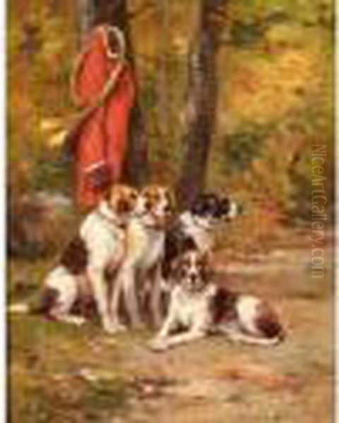 Relais De 
Chiensanglo-tricolores, Veste Rouge De Valet De Chien Et Troupe 
Dauphineaccrochee A L'arbre Oil Painting by Charles Olivier De Penne