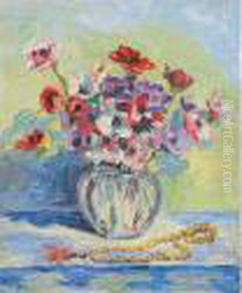 Bouquet De Fleurs Surun Entablement Oil Painting by Vladimir De Terlikowski