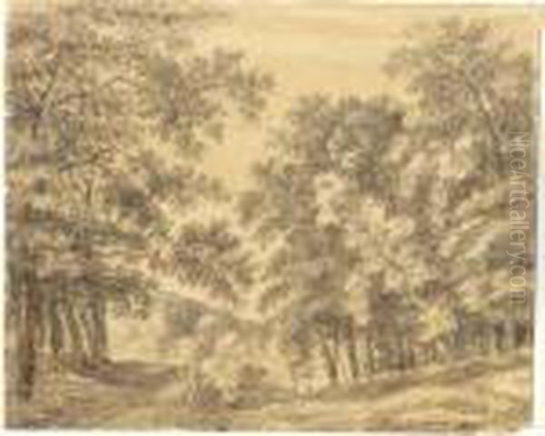 A Figure Walking Through Woodland Oil Painting by Simon De Vlieger