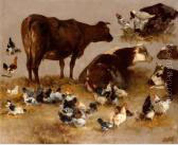 Study Of Cows And Chickens Oil Painting by Alexandre Defaux