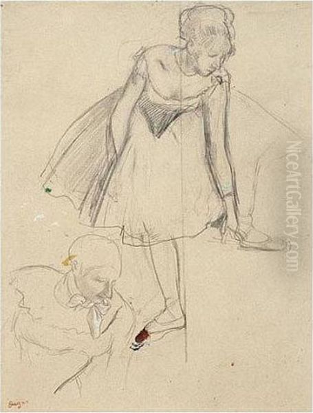Danseuse Rajustant Son Chausson, Buste De Pierrette Oil Painting by Edgar Degas