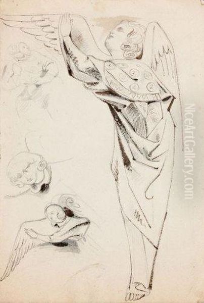 Etude De Statue D'ange, Deux 
Tetes D'anges, Une Figure Assised'apres Les Sculptures De La Cathedrale 
De Strasbourg Oil Painting by Eugene Delacroix